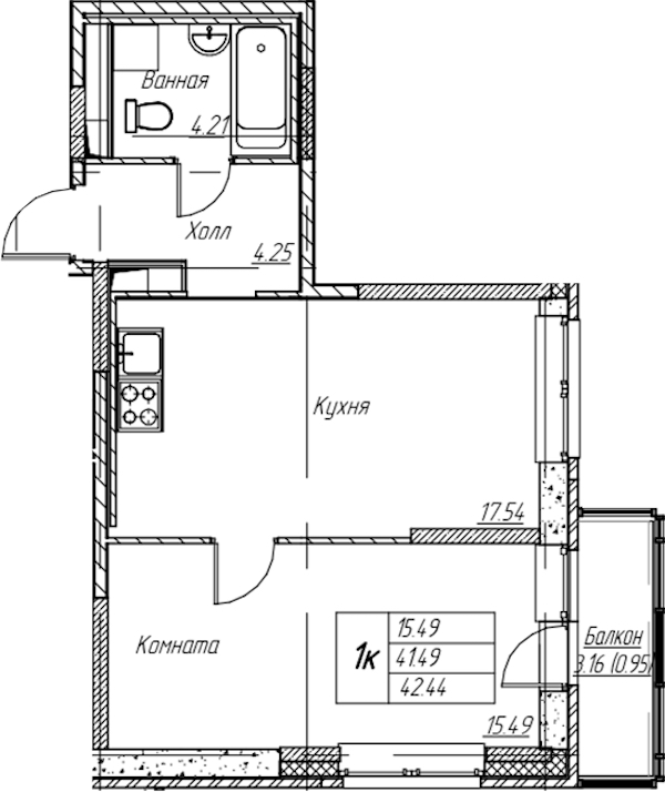 1-комнатная квартира 42.44 м², 2/22 эт., ЖК «Парк-квартал Юнтолово»